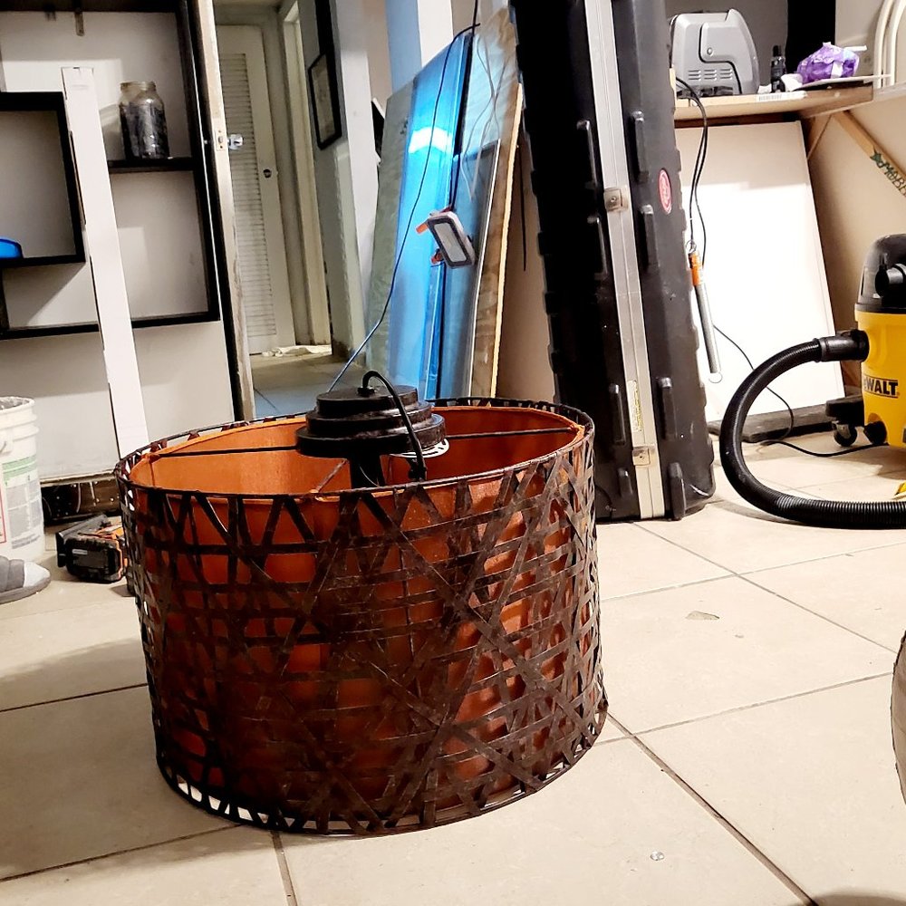 Vintage Palecek Brutalist Welded Strips Large Drum Mid Century Modern Chandelier